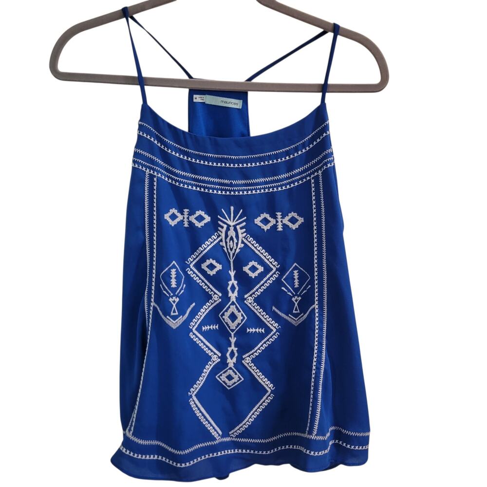 Maurices Blue White Embroidered Boho Cami Tank Top Size M Strappy Back